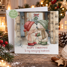 Load image into Gallery viewer, Personalised Christmas card for husband with festive kissing couple
