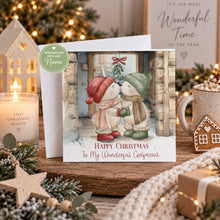 Load image into Gallery viewer, Personalised Christmas card for Mum and Dad with festive kissing couple
