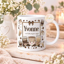 Load image into Gallery viewer, Personalised Yvonne coffee mug with cute coffee characters
