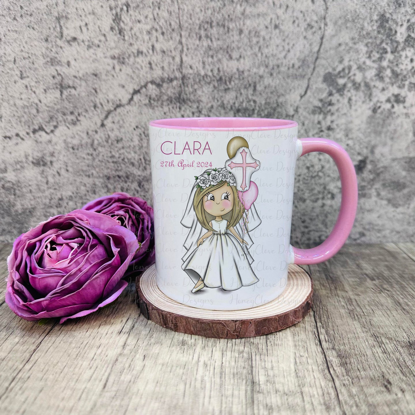 Cartoon Girl Communion Mug - Pink Handle