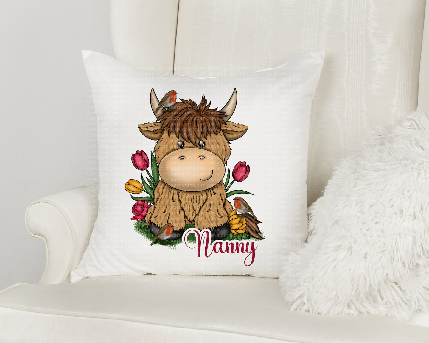 Highland Coo with robin Cushion