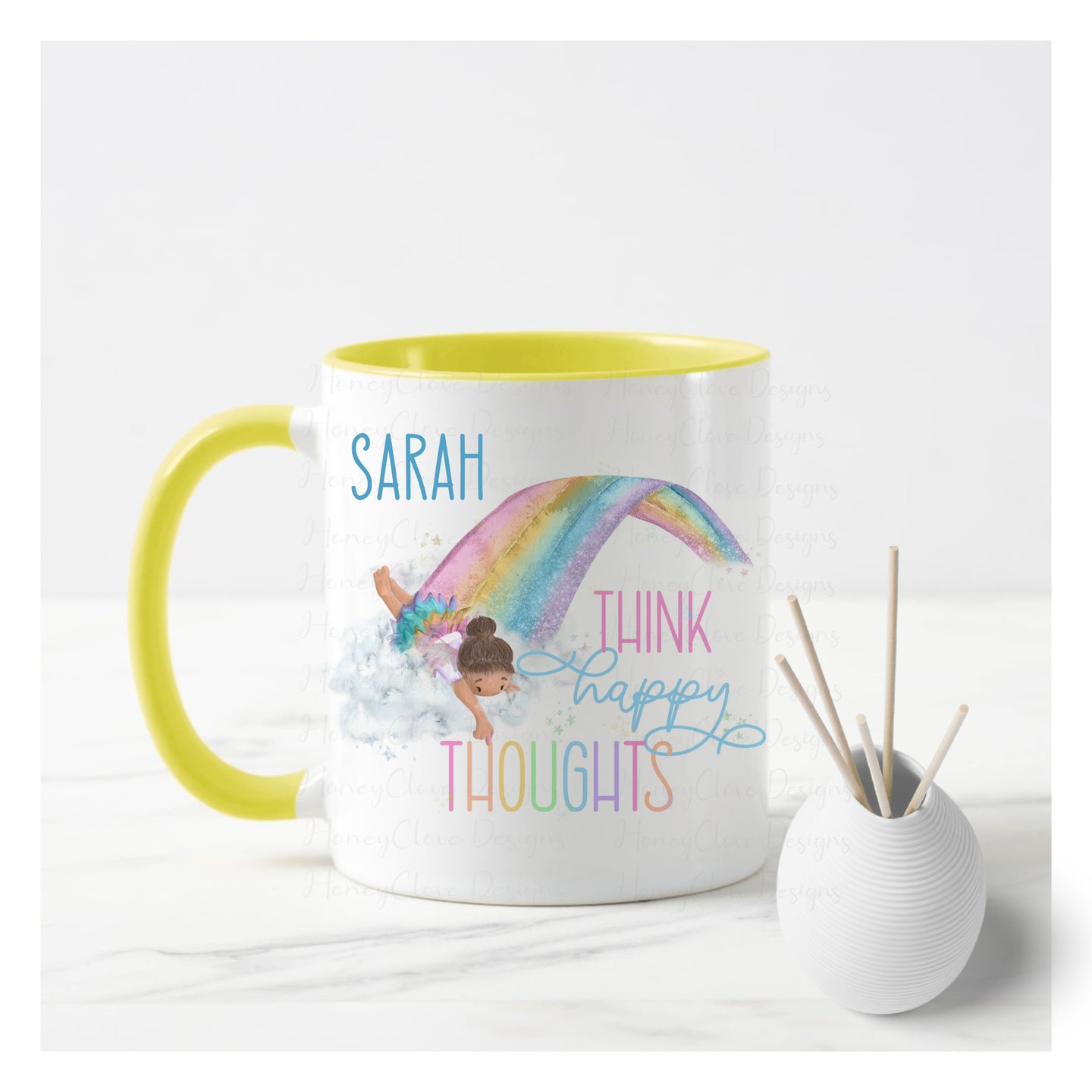 Think happy thoughts mug- Yellow Handle