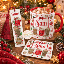 Load image into Gallery viewer, Personalised festive Christmas mug with matching coaster and bookmark

