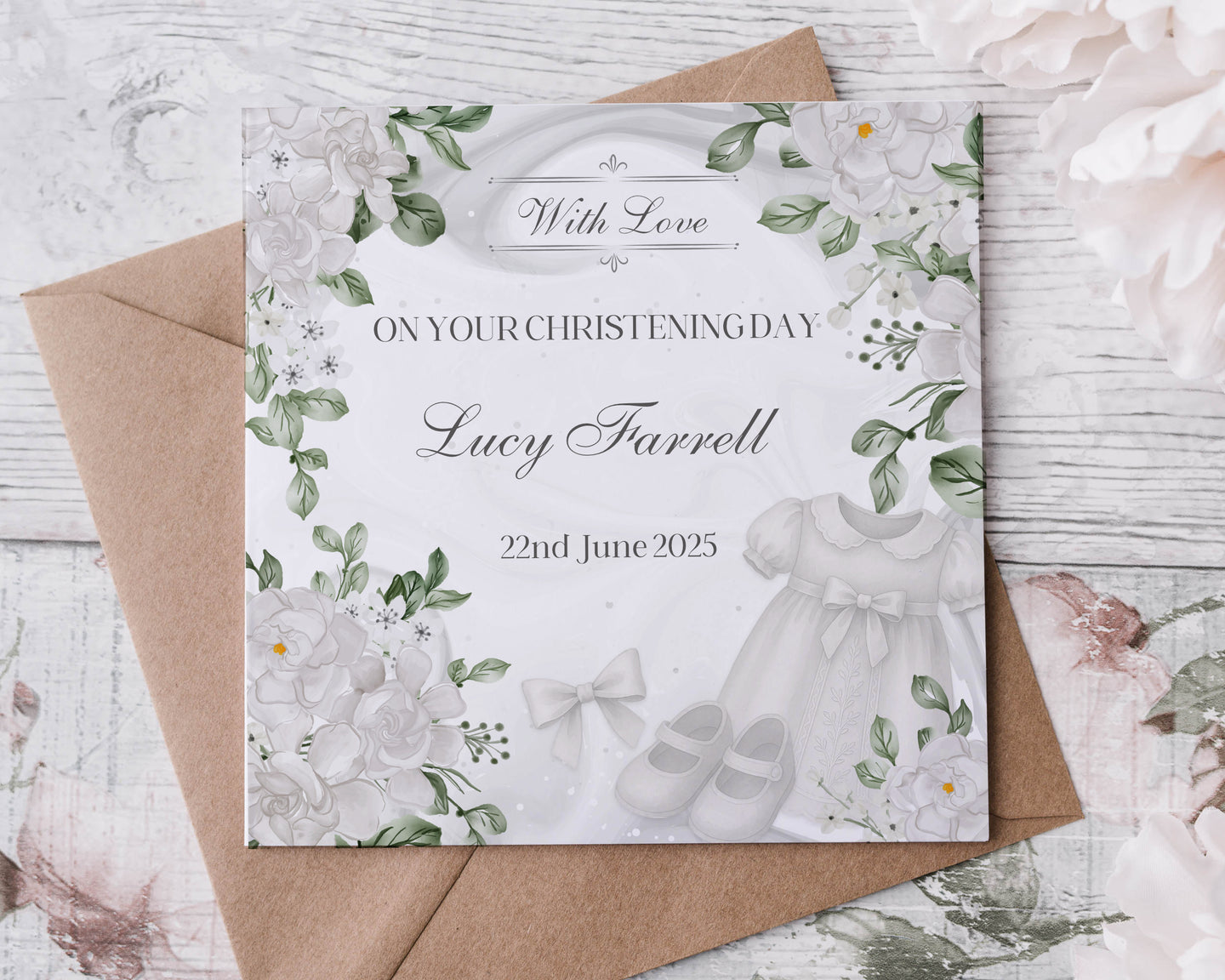 Christening Card - Floral Frame Design