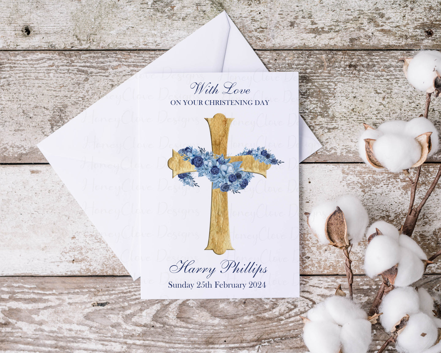 Gold Cross Christening Card - Blue
