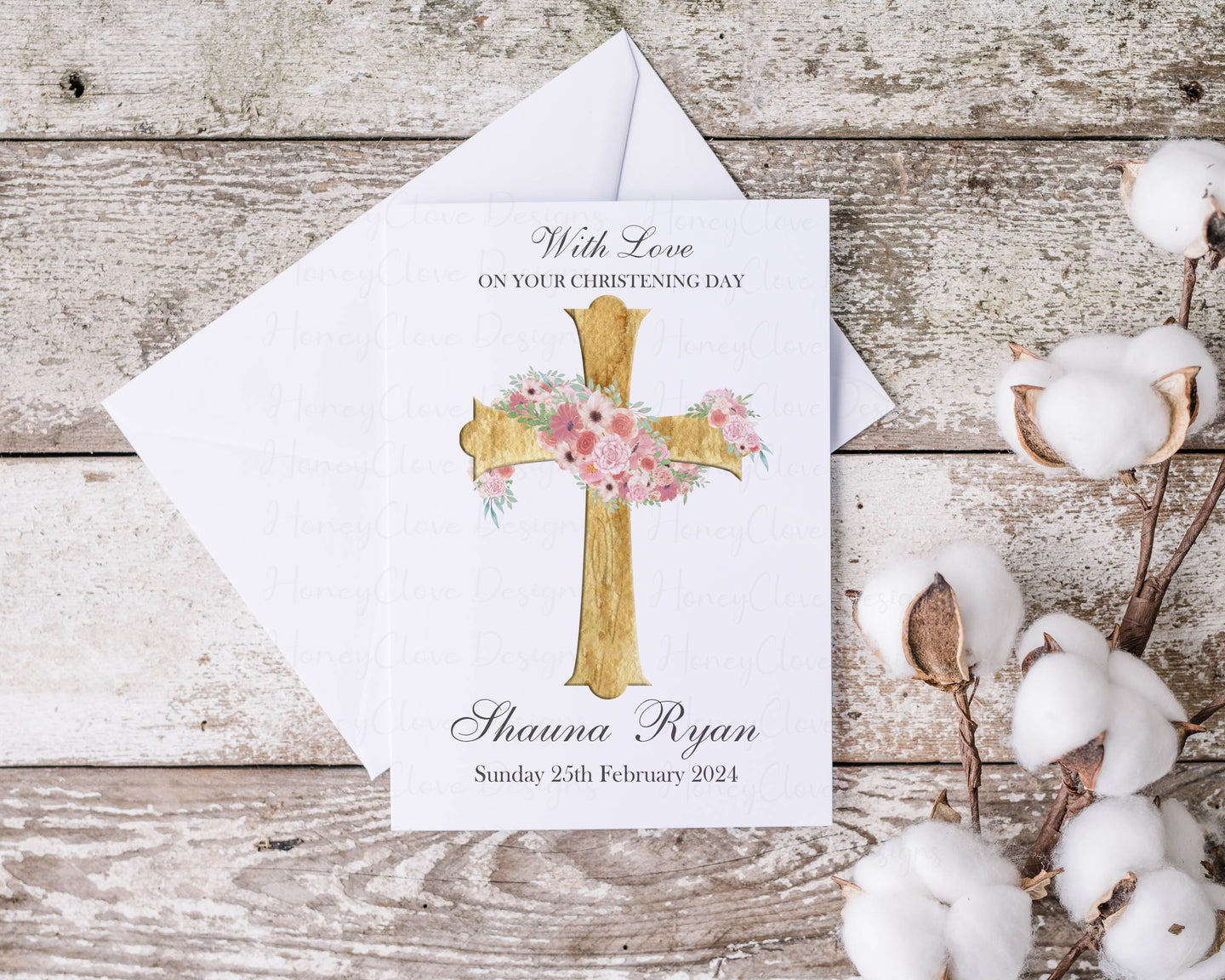 Gold Cross Christening Card - Pink