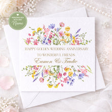 Load image into Gallery viewer, Personalised Golden Wedding Anniversary Card with floral watercolour design
