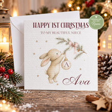 Load image into Gallery viewer, Matching personalised baby's first Christmas card with bunny design
