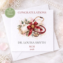 Load image into Gallery viewer, Personalised medical graduation card with graduation scroll and stethoscope

