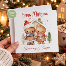 Load image into Gallery viewer, Personalised Nana and Grandad Christmas card with gingerbread couple
