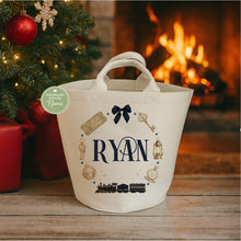 Load image into Gallery viewer, Navy personalised Christmas felt storage trug with vintage train design
