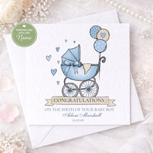 Load image into Gallery viewer, Personalised new baby boy card with blue vintage pram design
