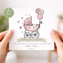 Load image into Gallery viewer, Personalised new baby girl card for first grandchild with pink pram design
