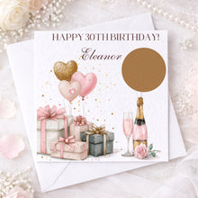 Load image into Gallery viewer, Personalised birthday scratch card before scratching, with gold scratch panel and gifts
