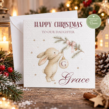 Load image into Gallery viewer, Personalised Christmas card with watercolour bunny, Christmas tree branch and personalised name
