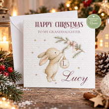 Load image into Gallery viewer, Personalised Christmas card for granddaughter with watercolour bunny and name
