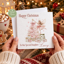 Load image into Gallery viewer, Personalised Christmas card for daughter featuring a pink Christmas fairy and tree
