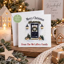 Load image into Gallery viewer, Personalised Christmas card with watercolour black front door, Christmas wreath and From The McCaffrey Family wording
