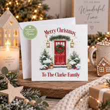 Load image into Gallery viewer, Personalised Christmas card with watercolour red front door and To The Clarke Family wording
