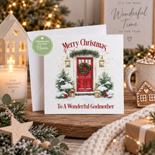 Load image into Gallery viewer, Personalised Christmas card with watercolour red front door and To A Wonderful Godmother wording
