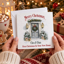 Load image into Gallery viewer, Personalised Christmas card with watercolour grey front door and First Christmas In Your New Home wording
