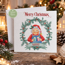 Load image into Gallery viewer, Personalised Christmas card for Nanny with festive grandmother illustration
