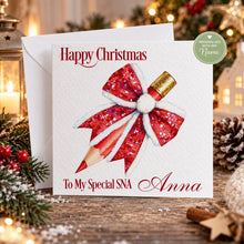 Load image into Gallery viewer, Personalised Christmas card for a special SNA or teacher, red glitter pencil bow design
