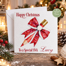 Load image into Gallery viewer, Personalised Christmas SNA card with red glitter pencil bow and personalised name
