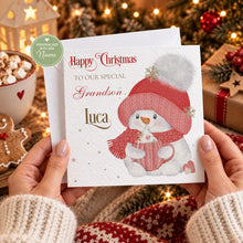 Load image into Gallery viewer, Personalised Christmas card for a special grandson featuring a snowman
