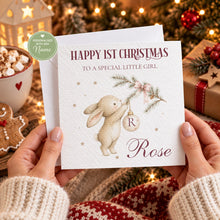Load image into Gallery viewer, Personalised first Christmas card for a special little girl with watercolour bunny
