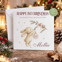 Load image into Gallery viewer, Personalised first Christmas card for granddaughter with watercolour bunny and name
