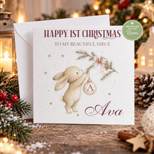 Load image into Gallery viewer, Personalised first Christmas bunny card for niece close-up
