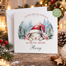 Load image into Gallery viewer, Personalised first Christmas card for godson featuring a Christmas bunny
