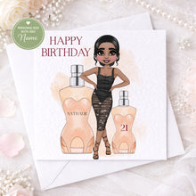 Load image into Gallery viewer, Personalised birthday card with custom skin tone, hair and perfume bottle design
