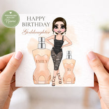 Load image into Gallery viewer, Personalised birthday card for goddaughter featuring a fashionable woman and perfume bottles
