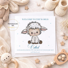 Load image into Gallery viewer, Personalised lamb baby boy card with name and birth date

