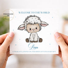 Load image into Gallery viewer, Personalised baby boy lamb new baby greeting card in blue
