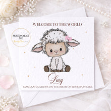 Load image into Gallery viewer, Personalised baby girl lamb new baby greeting card in pink
