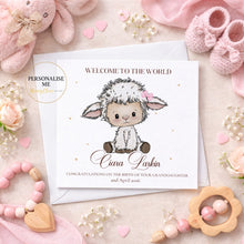 Load image into Gallery viewer, Personalised granddaughter lamb new baby greeting card in pink
