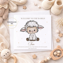 Load image into Gallery viewer, Personalised neutral lamb new baby greeting card
