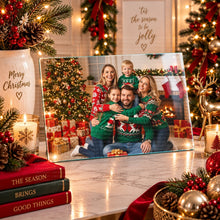 Load image into Gallery viewer, Personalised photo printed glass chopping and display board showing a family Christmas photo
