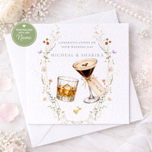 Load image into Gallery viewer, Handheld personalised wedding card featuring stout and champagne glasses
