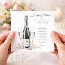 Load image into Gallery viewer, Handheld personalised wedding congratulations card with champagne design
