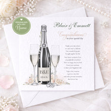 Load image into Gallery viewer, Personalised wedding congratulations card with champagne bottle and glasses
