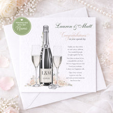 Load image into Gallery viewer, Personalised wedding congratulations card with champagne bottle and glasses
