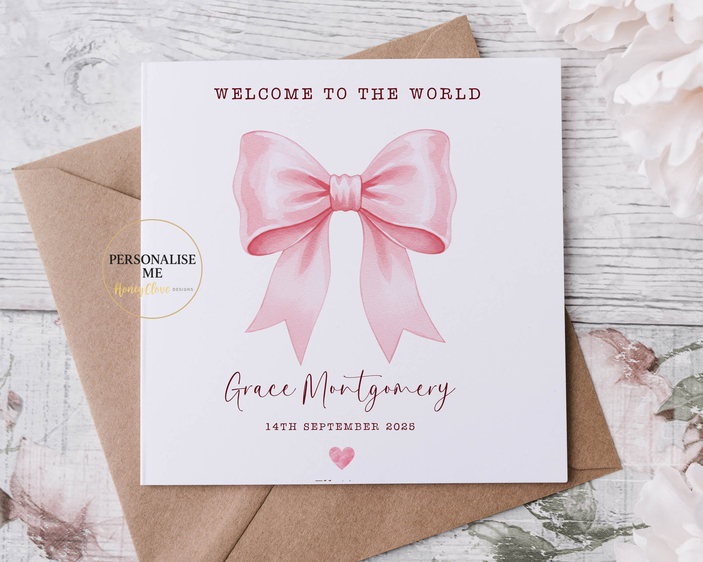 New Baby Bow Card - Pink