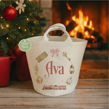 Load image into Gallery viewer, Pink personalised Christmas felt storage trug with vintage train design
