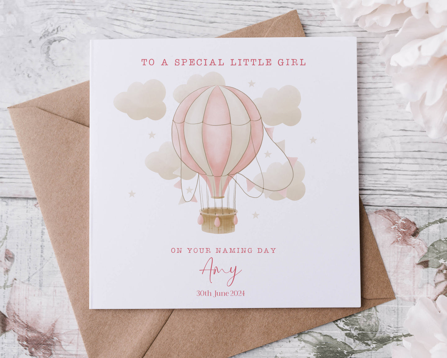 Christening/Baptism Card Hot Air Balloon Pink
