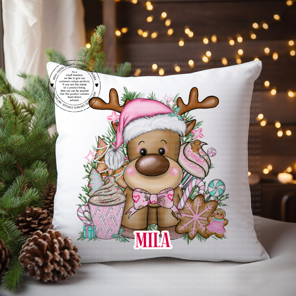 Pink Reindeer Christmas Cushion
