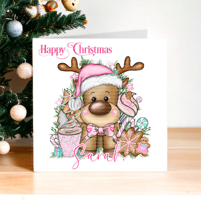 Cute Pink Reindeer Christmas Card